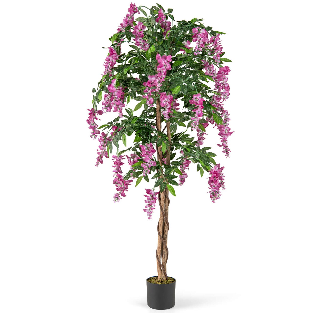 Costway 1/2 PCS 5.5 FT Tall Artificial Ficus Tree Faux Wisteria Plant in Nursery Pot Decoration Pink/Purple